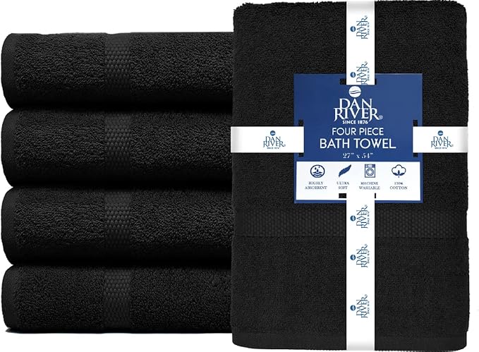 DAN RIVER Bath Towels Set of 4, 27 x 54 Inches, 100% Cotton, Larger & Lighter