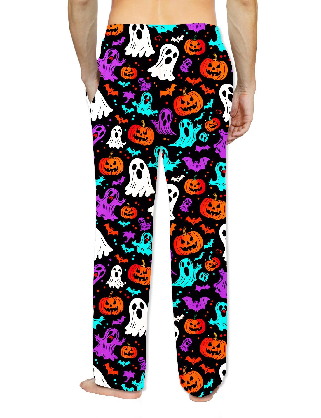 Soophiea Mens Halloween Pajama Pants Pumpkin Ghost Bat Printed Pj Pants Lounge Bottoms XX-Large