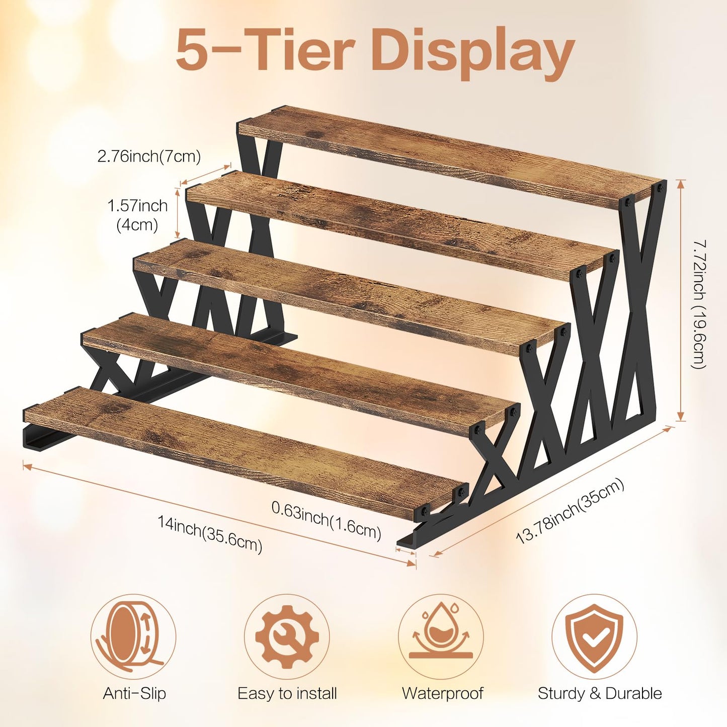 KALYLOC 5 Tier Wooden Display Riser Stand 13.8 Inch Metal Step Perfume Stand Organizer Tabletop Tiered Display Shelf Rack for Cologne Cupcake Spice Figures Cosmetics Candles (Brown, X-Shape)