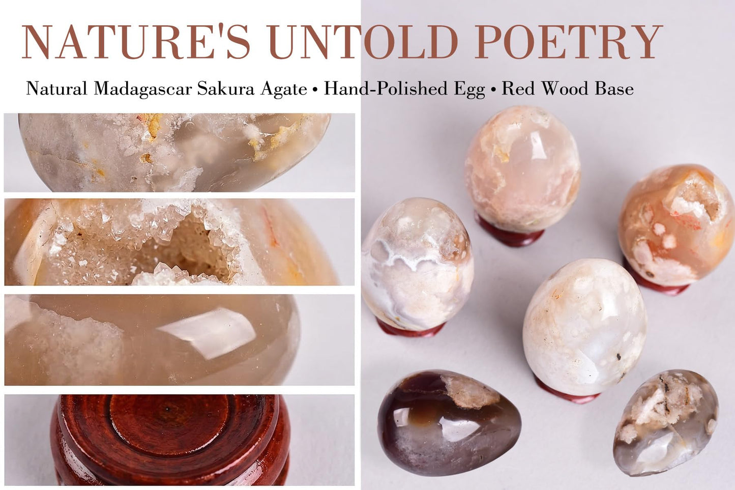 AMOYSTONE Sakura Agate Egg 2.3-2.7" Display Piece with Wood Stand for Office Decor - Unique Banded Natural Stone, Statement Shelf Decor for Living Room 5.3oz