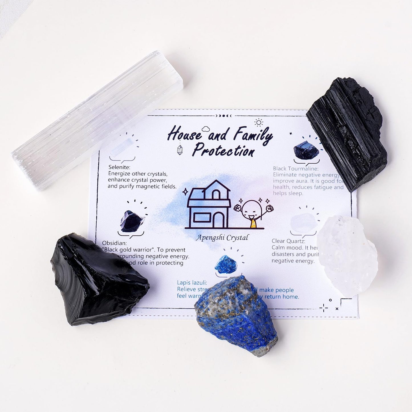 Apengshi Protection Crystal Stone Set for House and Family Protection Set of 5 Pieces Stone Black Tourmaline Clear Quartz Lapis Lazuli Obsidian and Selenite Healing Crystal Stones