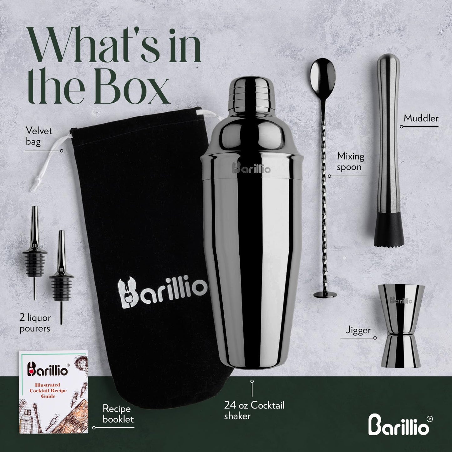 Barillio Black Mixology Bartender Kit - 8 pcs Stainless Steel Travel Cocktail Shaker Set with Bag - Bar Tools Set & Martini Shaker, Drink Mixer Spoon & Mojito Muddler for Cocktails, Pourers & Jigger