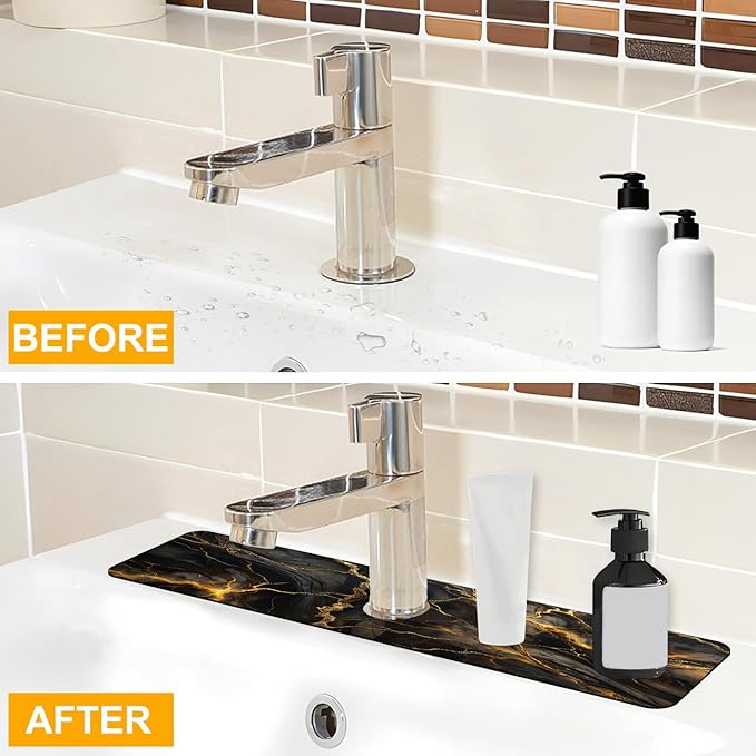 2 Pack Marble Texture Sink Splash Guard Faucet Mat Liquid Gold Marble Texture