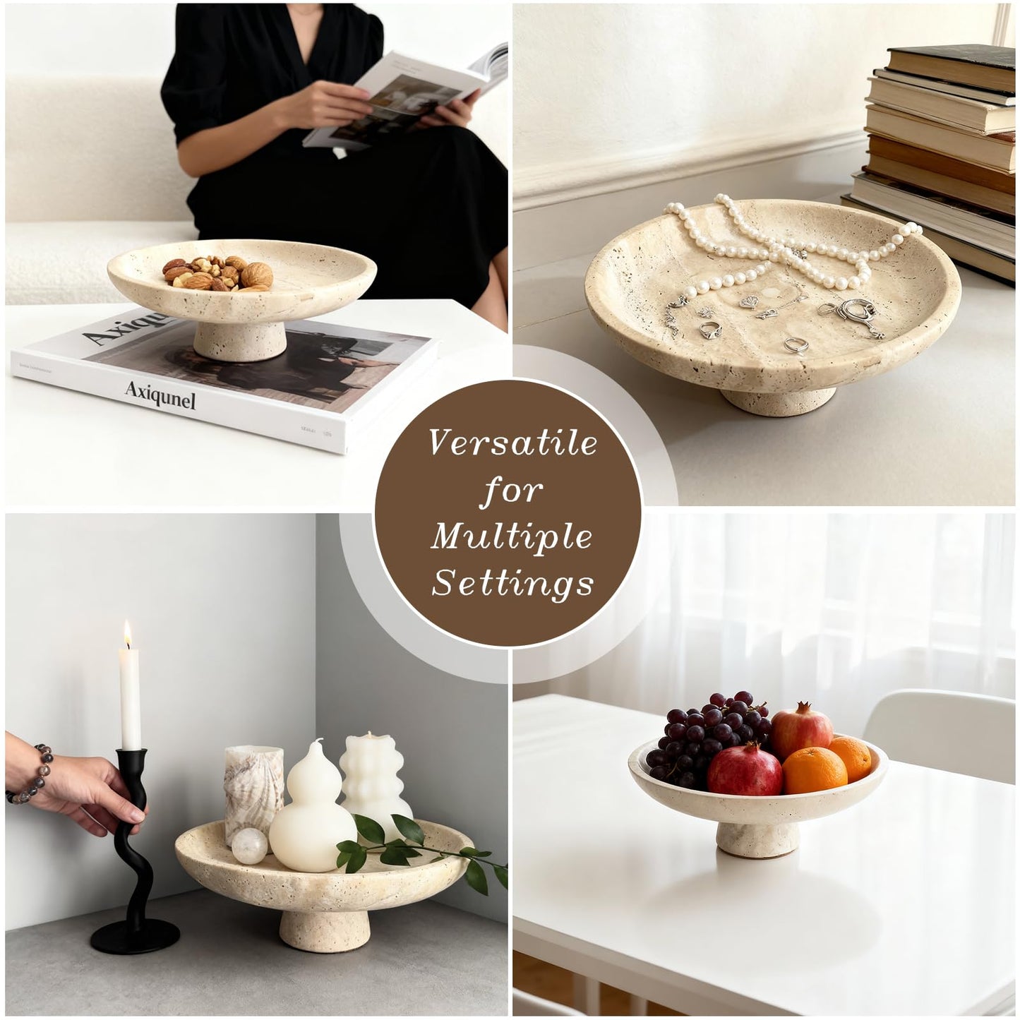Axiqunel Natural Travertine Fruit Bowl 10.2 Inches with Pedestal Large Decorative Bowl for Kitchen Counter Dining Table Centerpiece and Entryway Decor