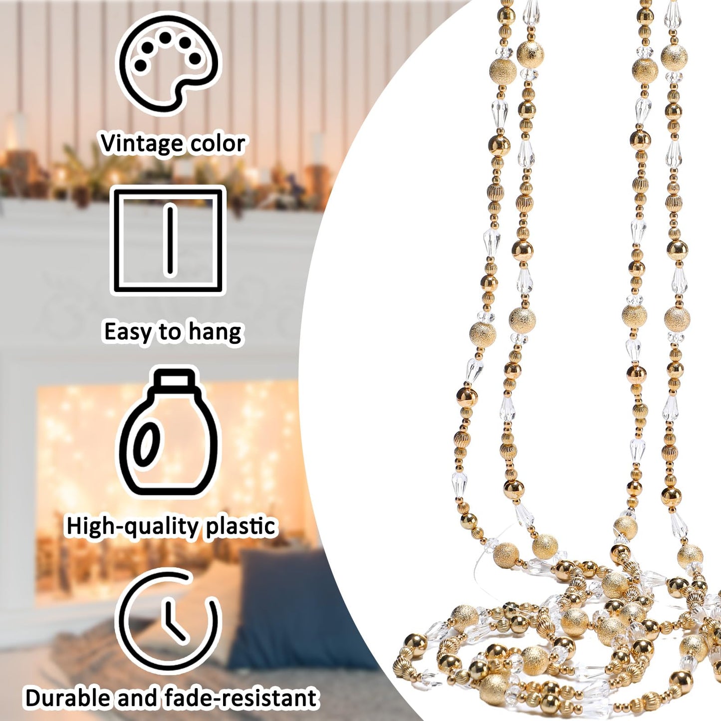 Highergo 16ft Christmas Tree Bead Garland Retro Bead Garland Candy Christmas for Tree Party Supplies Staircase Fireplace Hanging Ornaments (Gold,Ornaments)