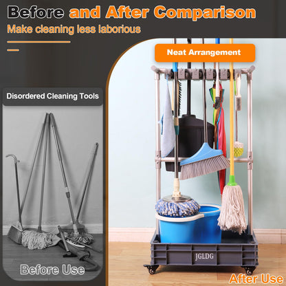 JGLDG Mobile Mop and Broom Holder，Efficient Storage Solution for Cleaning Tools Keep Your Tools Handy and Organized