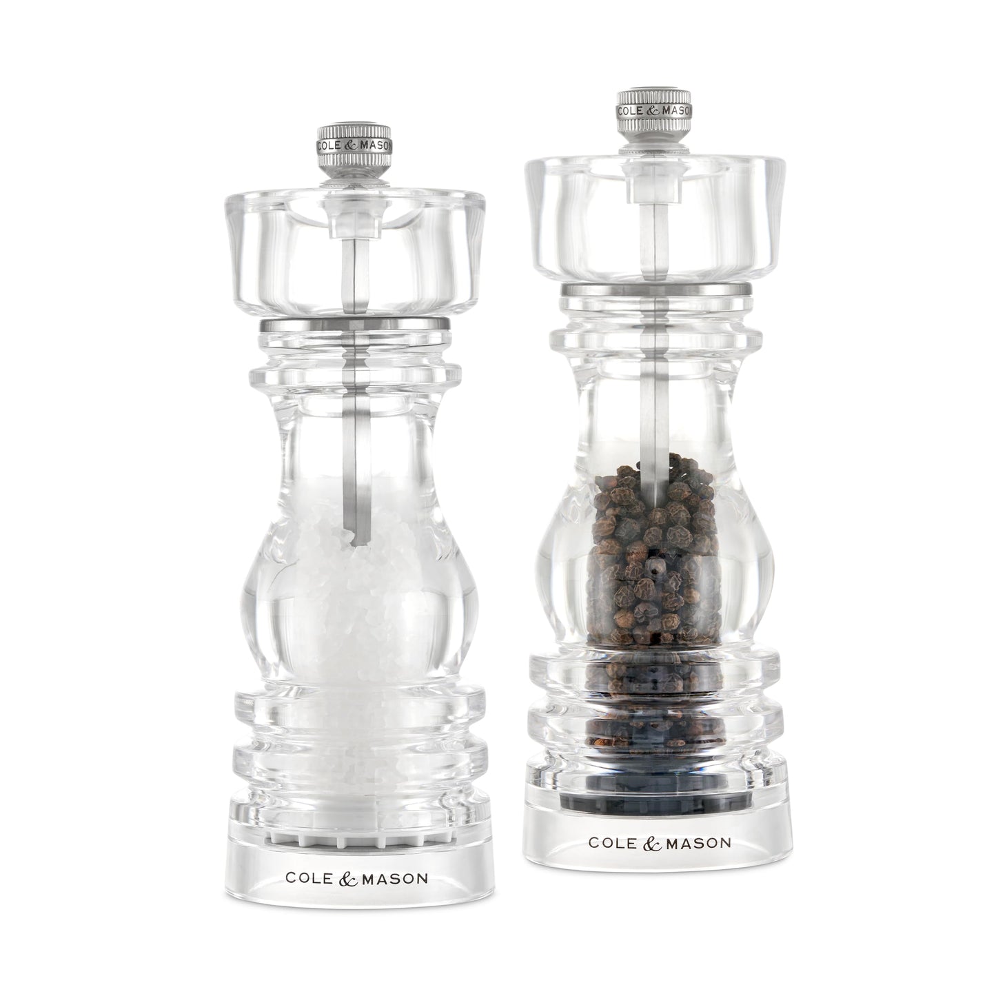 Cole & Mason London Refillable Spice Mill - Kitchen & Home Accessory - Salt & Pepper Grinder Set - Salt Mill with Ceramic Mechanism - Pepper Mill with Carbon Steel Mechanism - 7", Acrylic