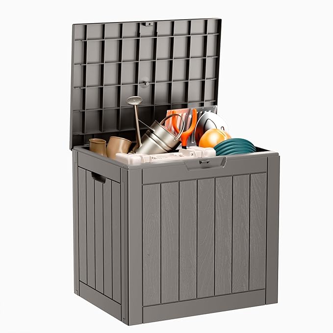 ROJIK Outdoor Storage Housing Deck Box - Waterproof Patio Furniture, Garden Tools, Cushions, Pool Accessories Storage Bench with Lockable Lid and Side Handles (Grey)