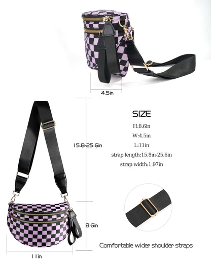 Spacious Checkered Nylon Crossbody Bag Bum Bag Checkered Handbags Wallets for Women