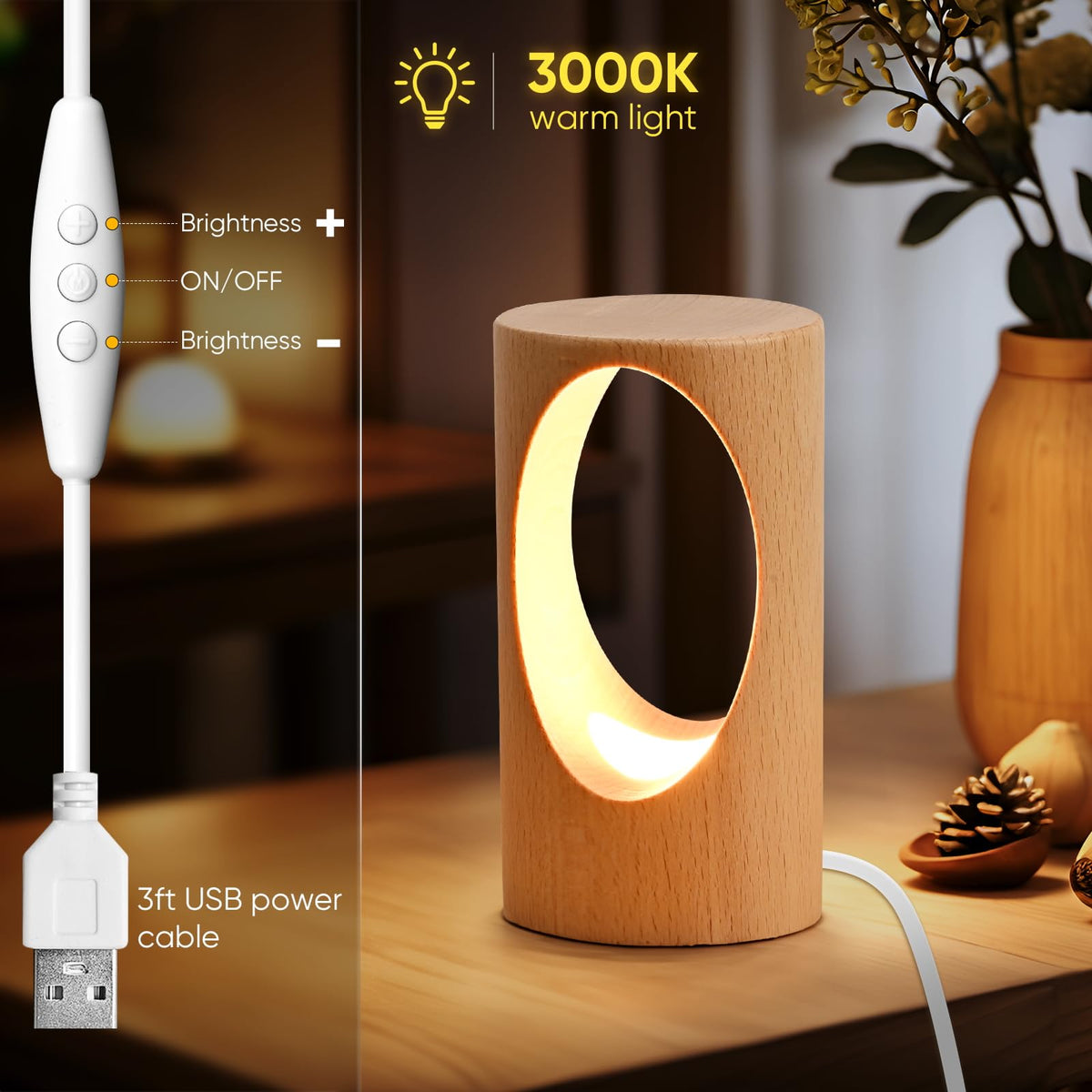 YIEONSHION LED Wooden Desk Lamp, Dimmable Bedside Night Light for Bedroom, Creative Home Décor Table Lamp, Warm Ambient Lighting, Unique Housewarming Gift