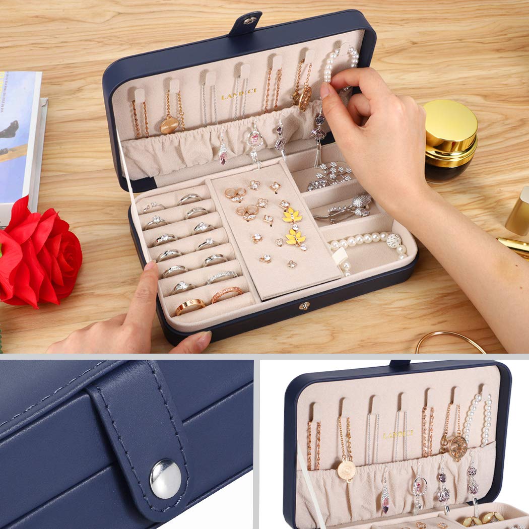 LANDICI Jewellery Box Small Jewellery Organiser for Women Girls, PU Leather Travel Jewellery Storage Case, Portable Jewellery Holder for Ring Earrings Necklace Bracelet,Jewellery Gift Box,Navy blue