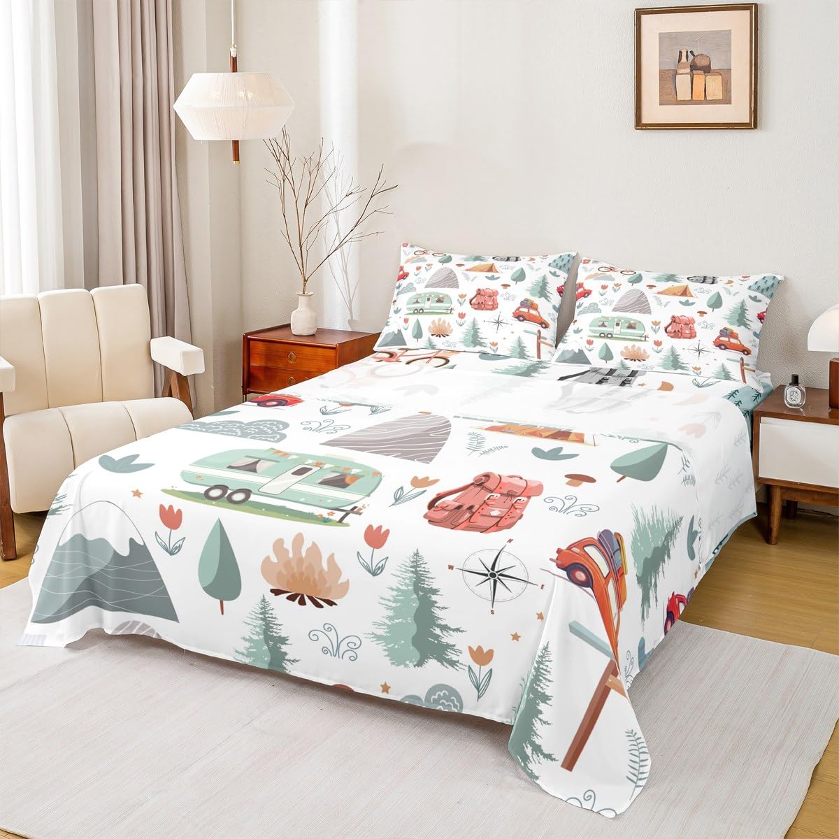 Kids Camper Theme Bed Sheets Set Full 4Pcs, Happy Camping Bedding Set, Travel Car Rv Accessories Sheets, Botanical Flowers Mountain Adventure Top Sheet, Cute Camper Flat Fitted Sheet Bedroom Decor