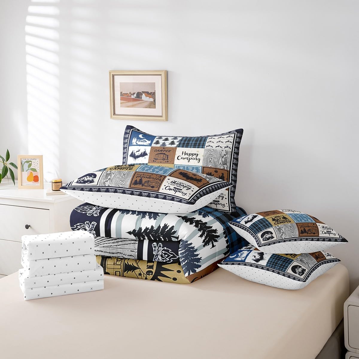 Erosebridal 7 Piece Rv Camper Bedding Set Full,Kids Happy Camping Comforter Set with Sheets,Travel Trailer Bed in a Bag Buffalo Plaid Decor,Rustic Cabin Patchwork Bed Set with Pillowcases