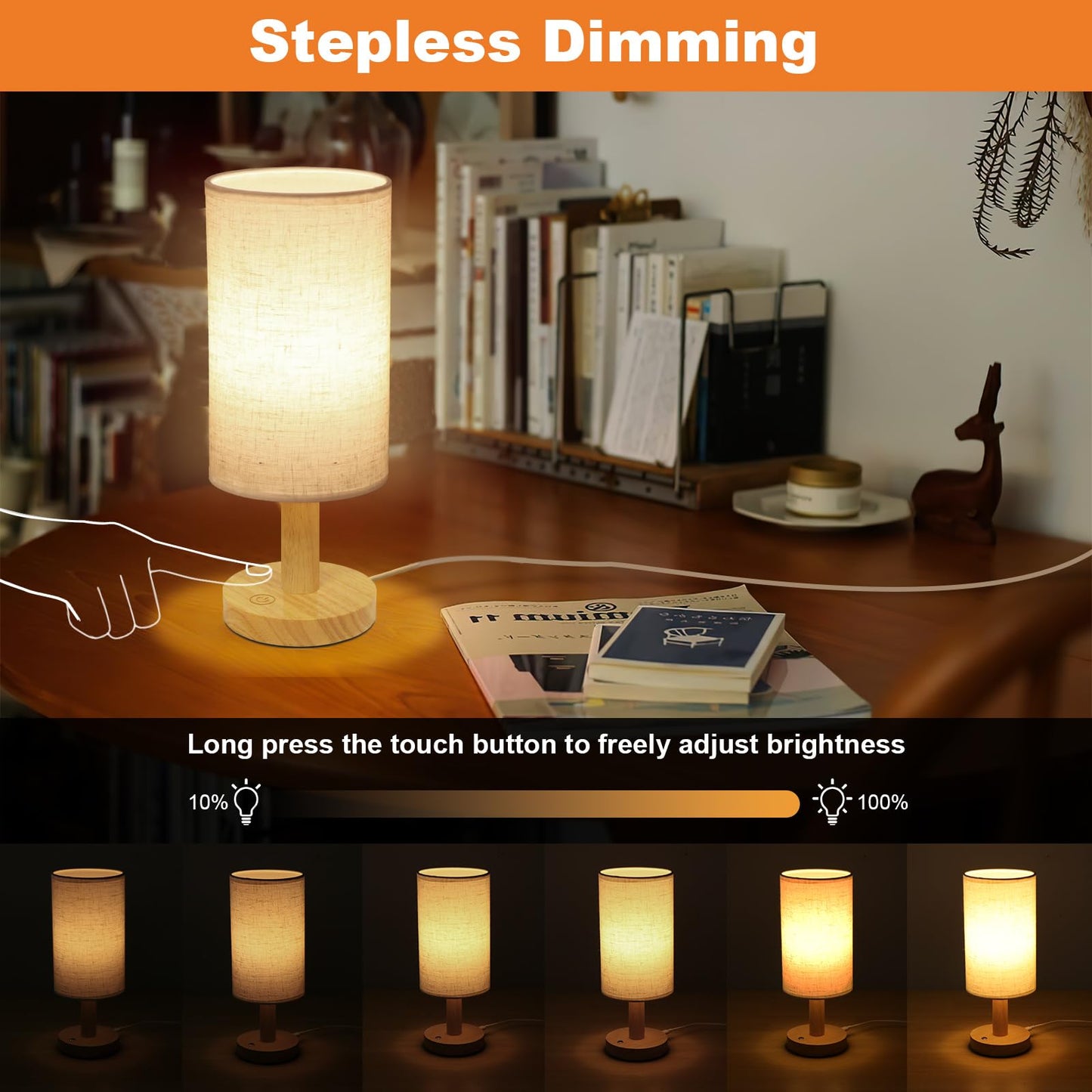 Small Touch Table Lamp with Stepless Dimming&USB Plug,Natural Round Wood Base&Linen Fabric Shade |Soft Ambient Warm Night Light|Minimalist Boho Bedside Lamp for Bedroom,Nightstand,Nursery,Kitchen,Dorm