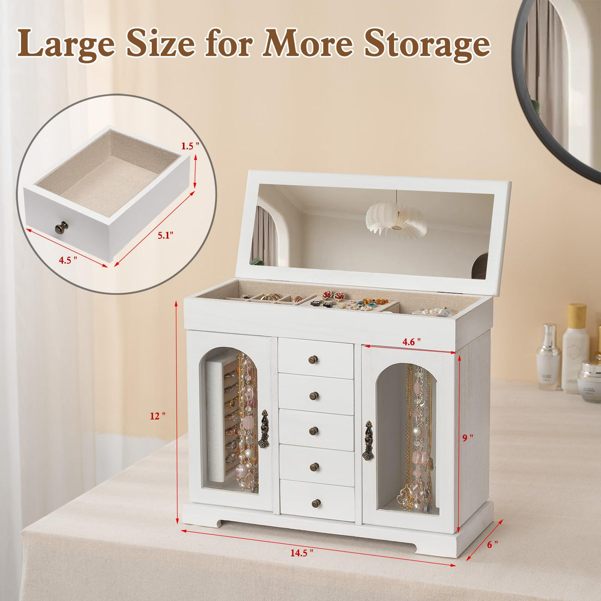 Miratino Jewelry Box for Women Girls, Wooden Jewelry Organizer Box with Mirror, 5 Layer Jewelry Storage Case Display for Necklaces Earrings Rings Bracelets Valentine's Day Gifts