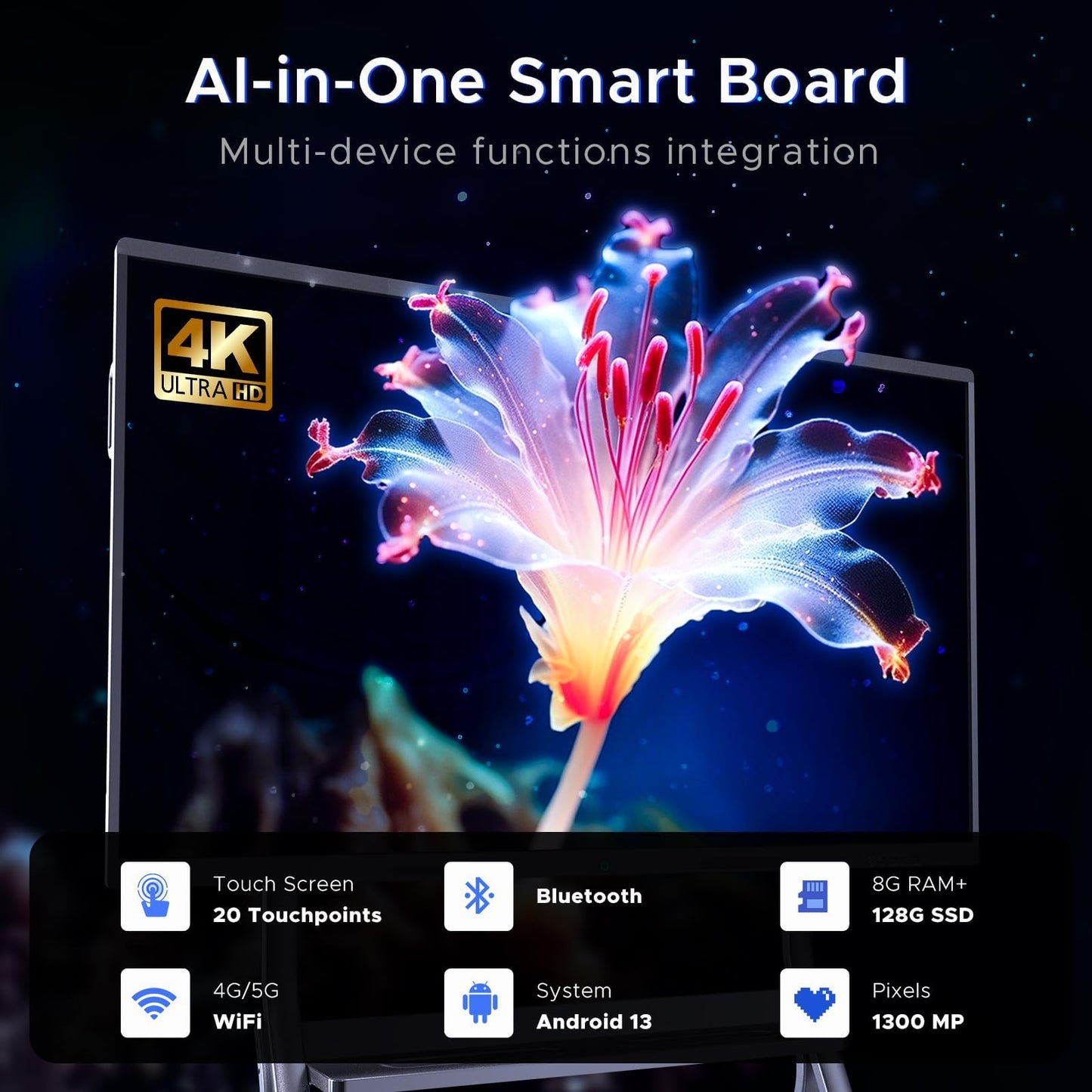 Zylosian 65'' 4K UHD Interactive Touchscreen Smart Board, Android 14 Wireless Digital Whiteboard with Open App Ecosystem, Wall-Mounted Smartboard for Classroom Home Office Studio