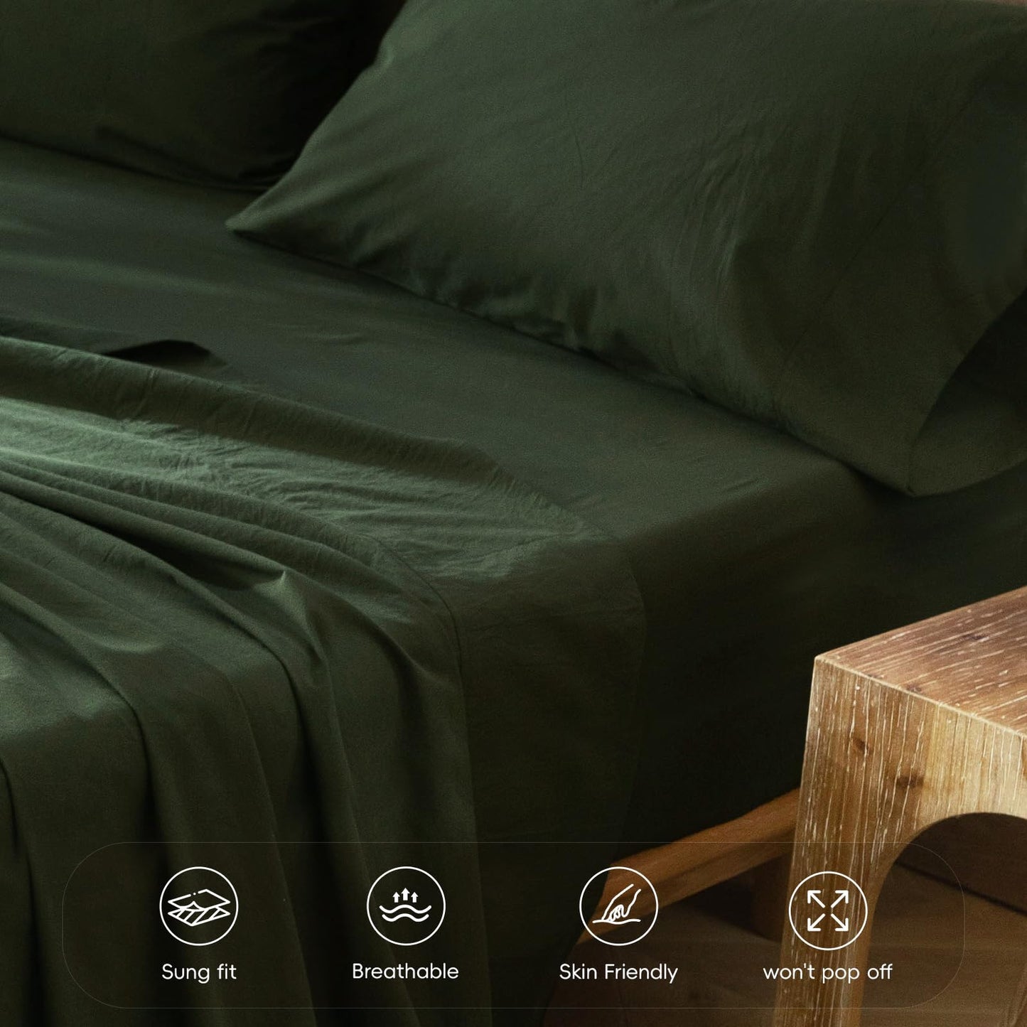 MooMee Fitted Bottom Sheet Only 100% Washed Cotton Linen Like Textured Breathable Durable Soft Comfy Deep Pocket Fits Mattress up to 17" (Forest Green, Queen)