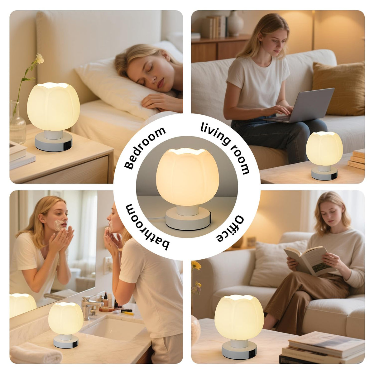 Komothala Touch Bedside Lamp with USB C+A Charging Ports,Tulip Flower Lamp with White Glass Lamp Shade, Warm LED Bulb, 3 Way Dimmable, Small Table Lamp for Bedroom Nightstand Living Room