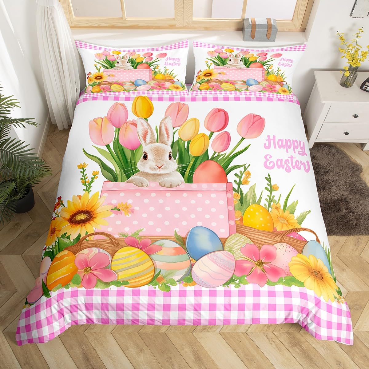 Erosebridal Easter Decorations,Rabbit Comforter Cover Happy Easter Themed Easter Egg Duvet Cover,Pink Yellow Tulip Flowers Checkered Grid Bedding Set Queen,Easter Gifts for Toddlers Kawaii Room Decor