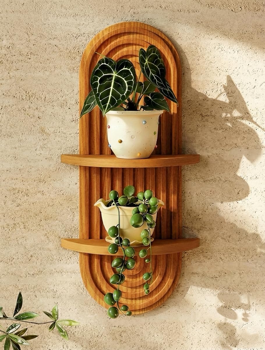 Bamworld Boho Wall Decor Brown Plant Wall Shelf, Mid Century Modern Decor Hanging Plant Shelf, 2-Tier Wooden Floating Shelves for Home, Bathroom Bedroom Living Room, Office Holding Planter Decoration
