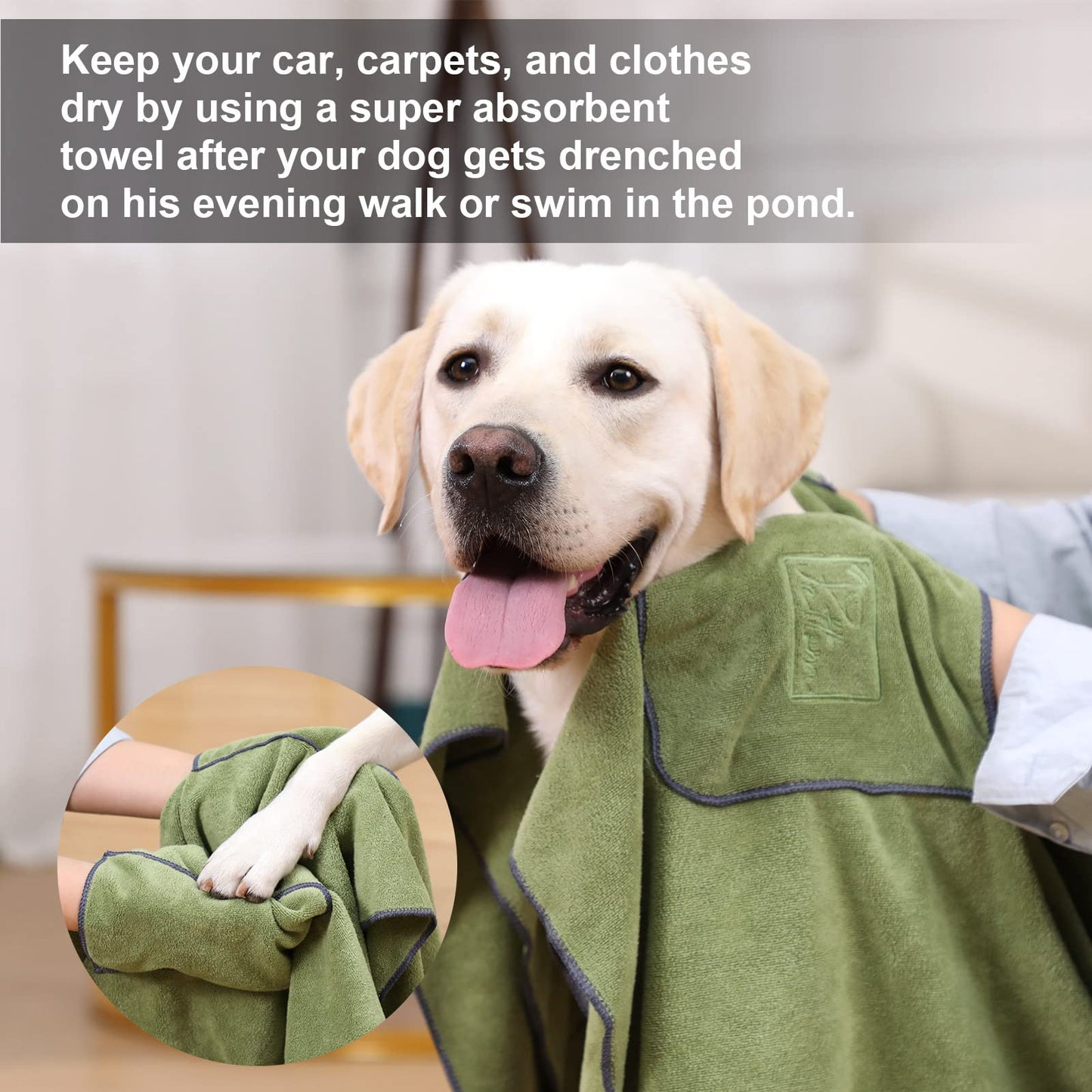 PETTOM Dog Towels for Drying Dogs 2 Pack, Dog Drying Towel with Hand Pockets, Super Absorbant Microfibre Pet Towels for Dogs Puppys Cats, Pet Shower Bath Towel Machine Washable, Grey and Green