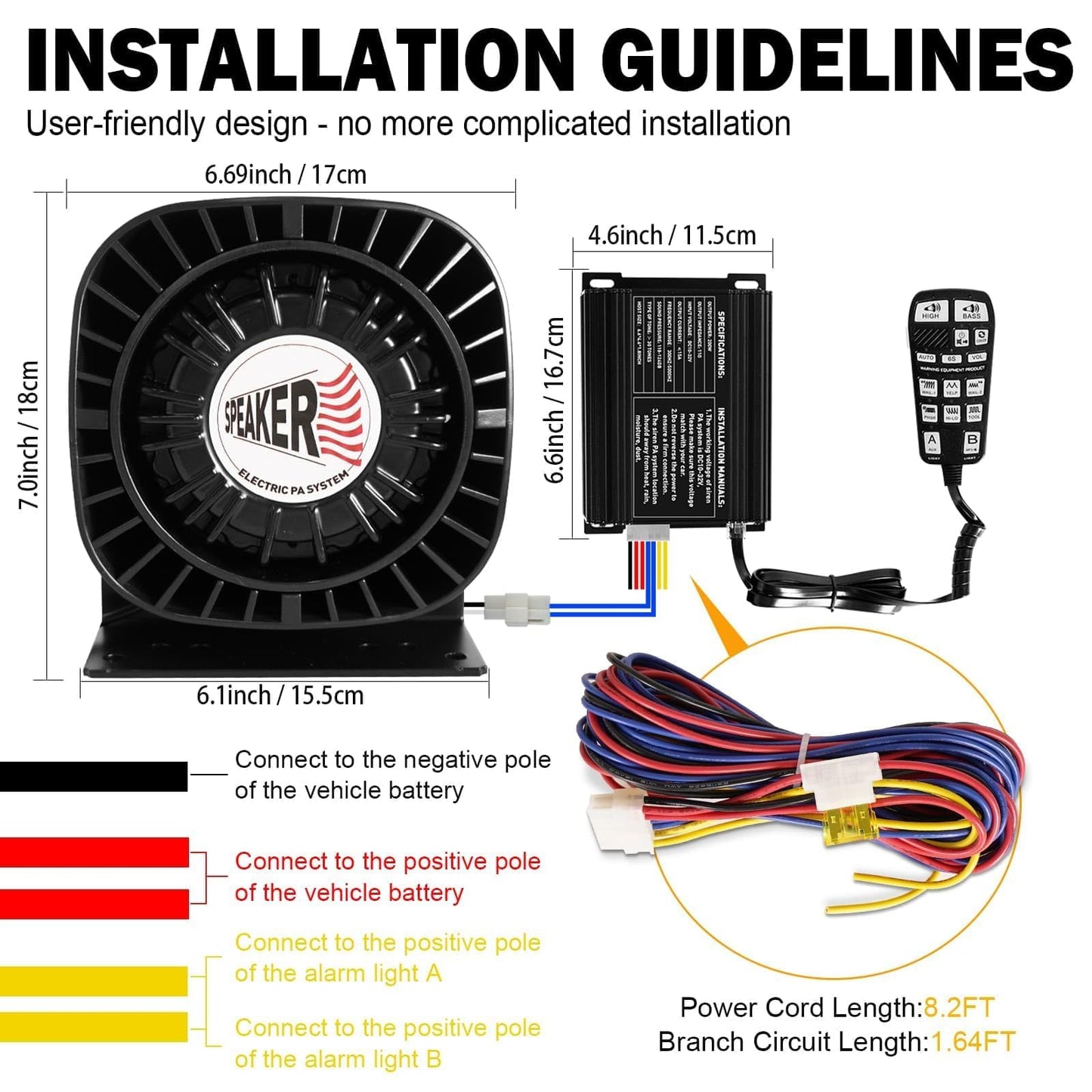 Emergency Police Siren Speaker Kit, 200W Multi-Tones Emergency Sirens PA System Extra Slim Speaker with Handheld Microphone, Car Alarm Megaphone for 12V Vehicles, Tow Truck Pickup Ambulance SUVs