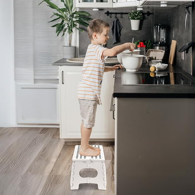 Delxo 9 Inch Folding Step Stool for Kids and Adults,15-Inch Extra Wide Height Large Platform Heavy Duty Stepping Stool More Safe and Comfortable Non Slip Foldable Step Stool White