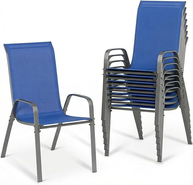 MAMIZO Patio Dining Chairs, Stackable All Weather Teslin Chair, Heavy Duty Outdoor Breathable Chairs Set, w/Armrests, Upgraded Chair FeetW/Strenthened Iron Spacers, 330 LBS (8, Navy Blue)