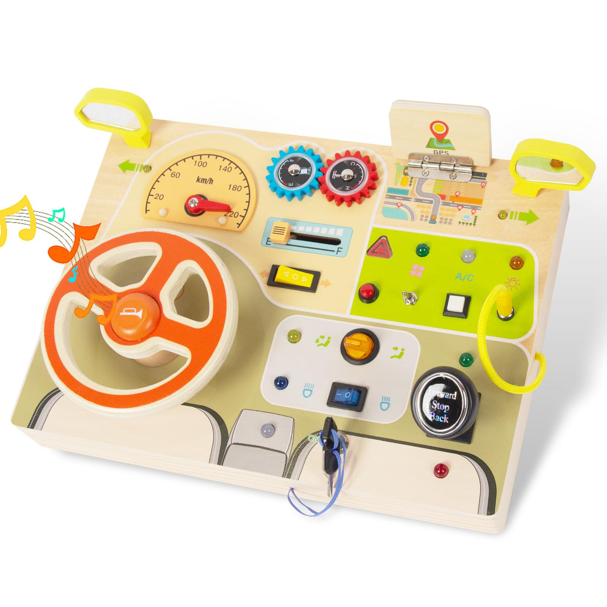 Montessori Busy Board for Toddlers Baby Busy Board Car Steering Wheel Wooden Sensory Board Travel Toys for Fine Motor Skill Gift for 3+ Years Old Boys Girls Christmas Birthday Parents