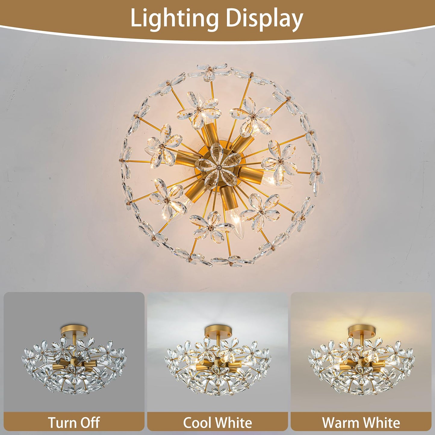 LOHOZOM Bedroom Flower Ceiling Light, Brass Gold Flush Mount Chandelier,17.7inch 6-Light Modern Crystal Closet Ceiling Light Fixture for Kitchen Girl Room Hallway Entryway Foyer