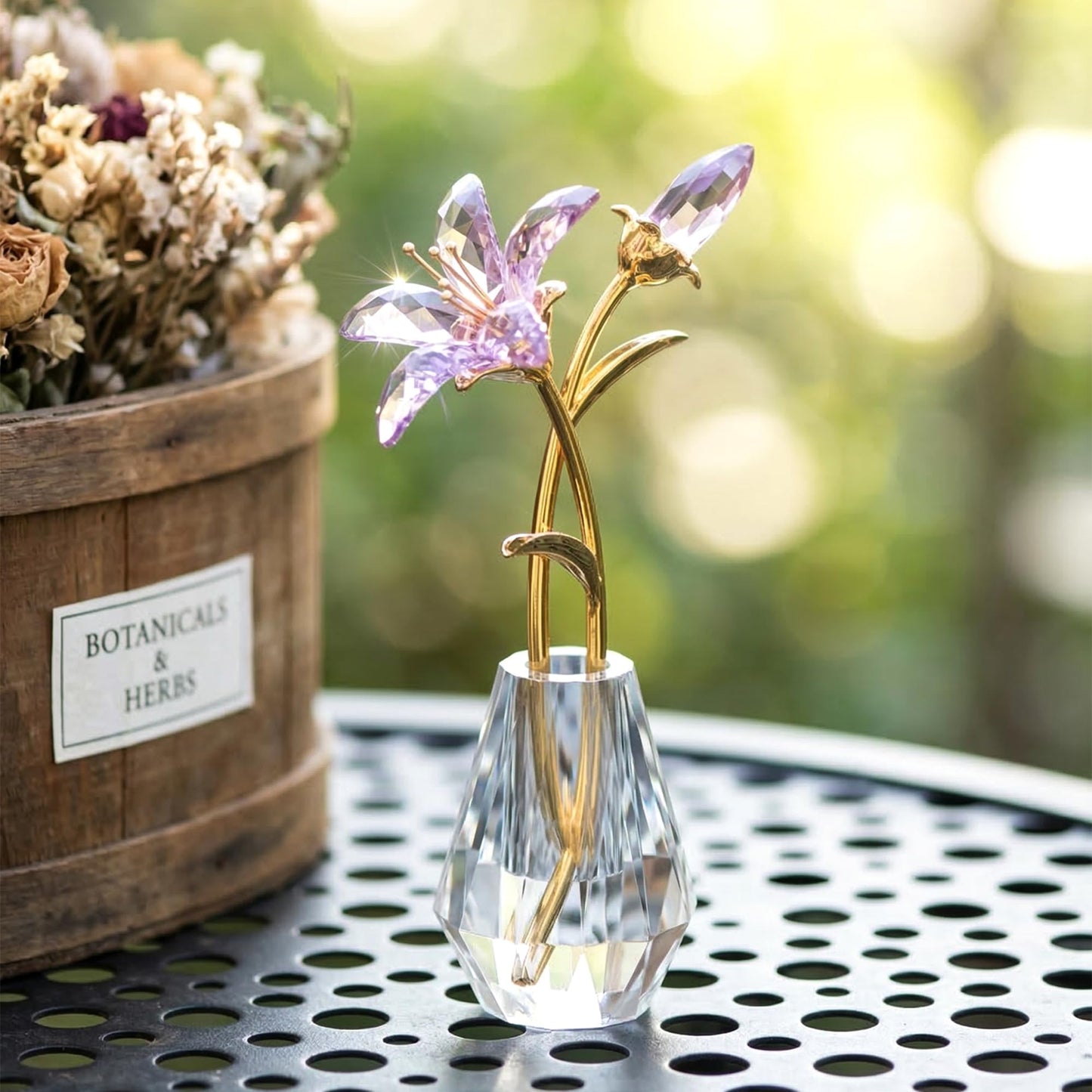 Crystal Tiger Lily Flowers with Crystal Vase, Purple