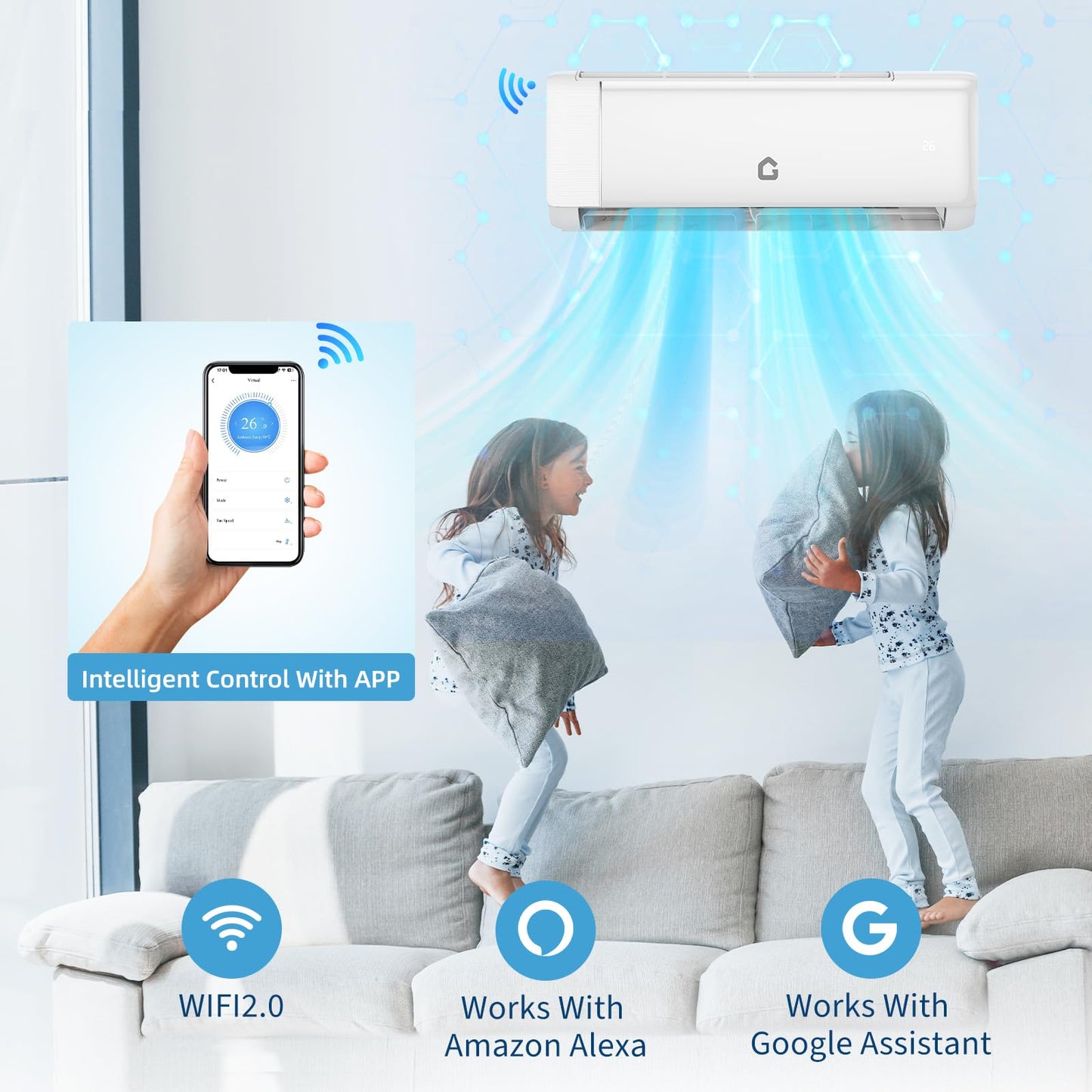 9000 BTU Mini Split AC & Heater, WiFi Smart Control, APP & Remote, 19 SEER2 Ultra-Quiet Ductless Inverter System with Heat Pump for Up to 450 Sq.Ft, 0.75 Ton, Pre-Charged, Installation Kit