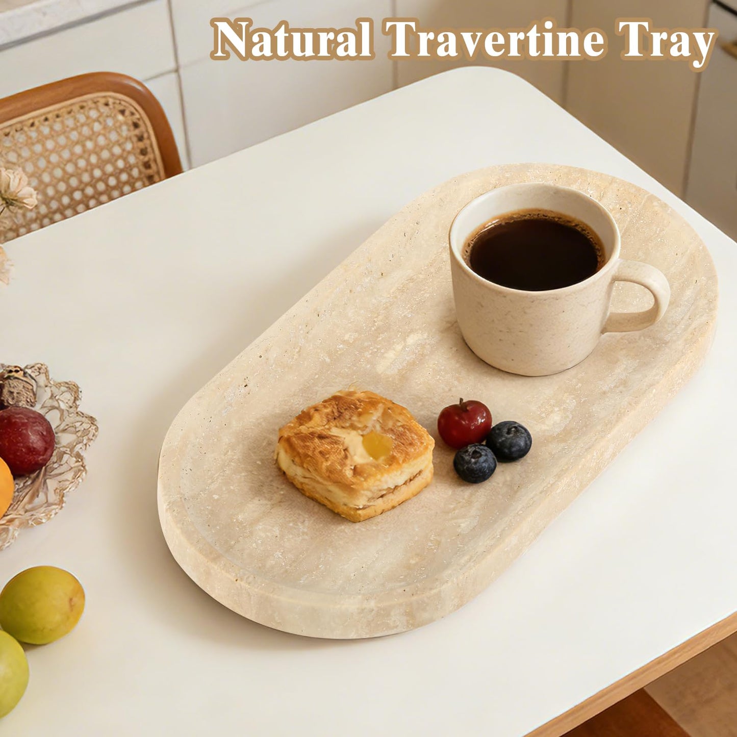 Moujings Natural Travertine Vanity Tray - Decorative Stone Marble Tray for Bathroom Countertop, Elegant Organizer for Home Decor, Jewelry, Candle, Makeup, Kitchen and Dresser Decor