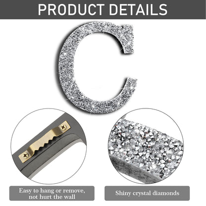Qunclay Bling Letters for Wall Decor, Crystal Rhinestone Wooden Letters with Hooks, Crushed Diamond Glitter Letter for Bedroom Home Party Wedding Decor, Gift for Women(5.7"l X 5.7"w,Letter C,Silver)