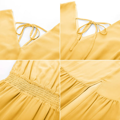 2025 Christmas Cocktail Dresses for Women, Midi Ruffle Tiered Sleeve V-Neck A-Line Split Party Dress, Light Yellow-Plain S