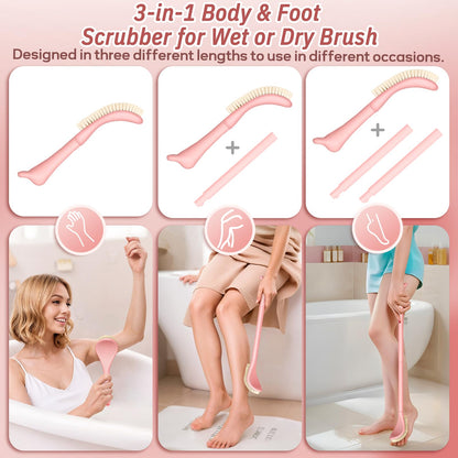 GEENOA Foot Brush/Foot File/Silicone Body Scrubber Set(3PCS), 3-in-1 Foot Scrubber with Long Handle, 10.2’’-27.5’’Adjustable Foot Scrub Brush with Foot File and Silicone Loofah, Gift-Box(Pink Set)