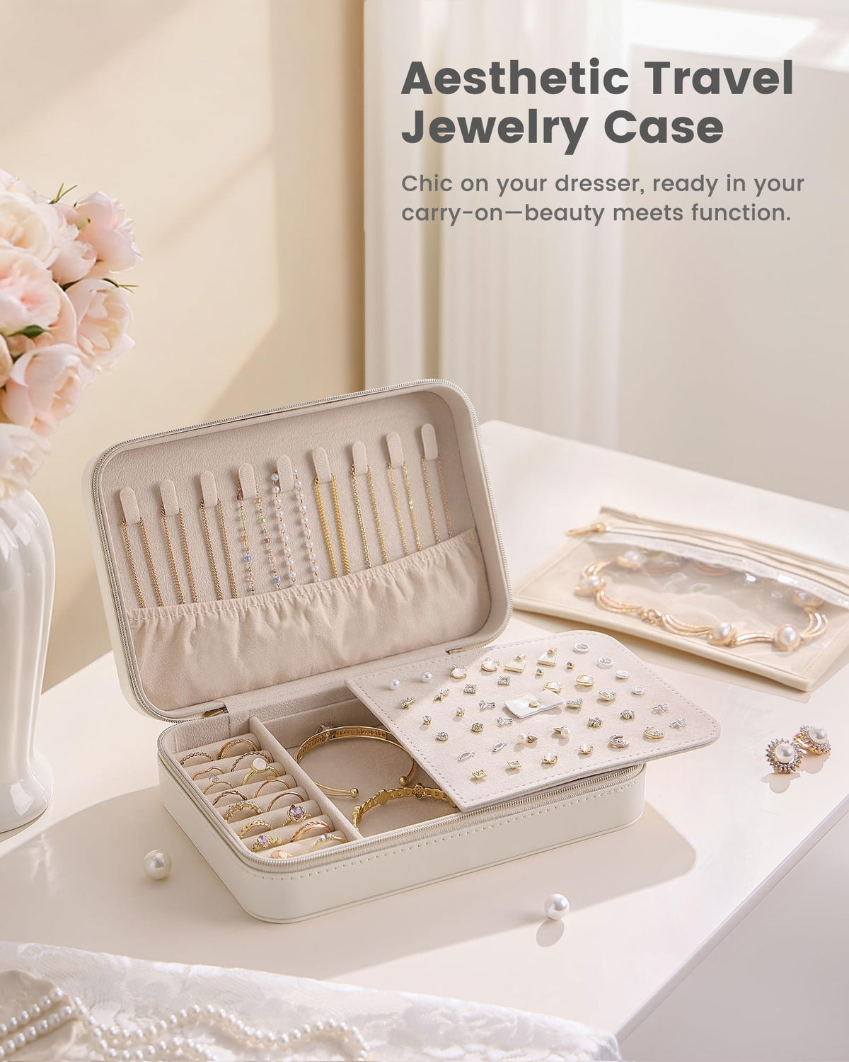 Lolalet Travel Jewelry Case for Women Girls, PU Leather Jewelry Organizer with Clear Storage Bag Small Portable Jewelry Box for Necklace Bracelet Earring Ring Mothers Day Birthday Gifts -Large/Beige