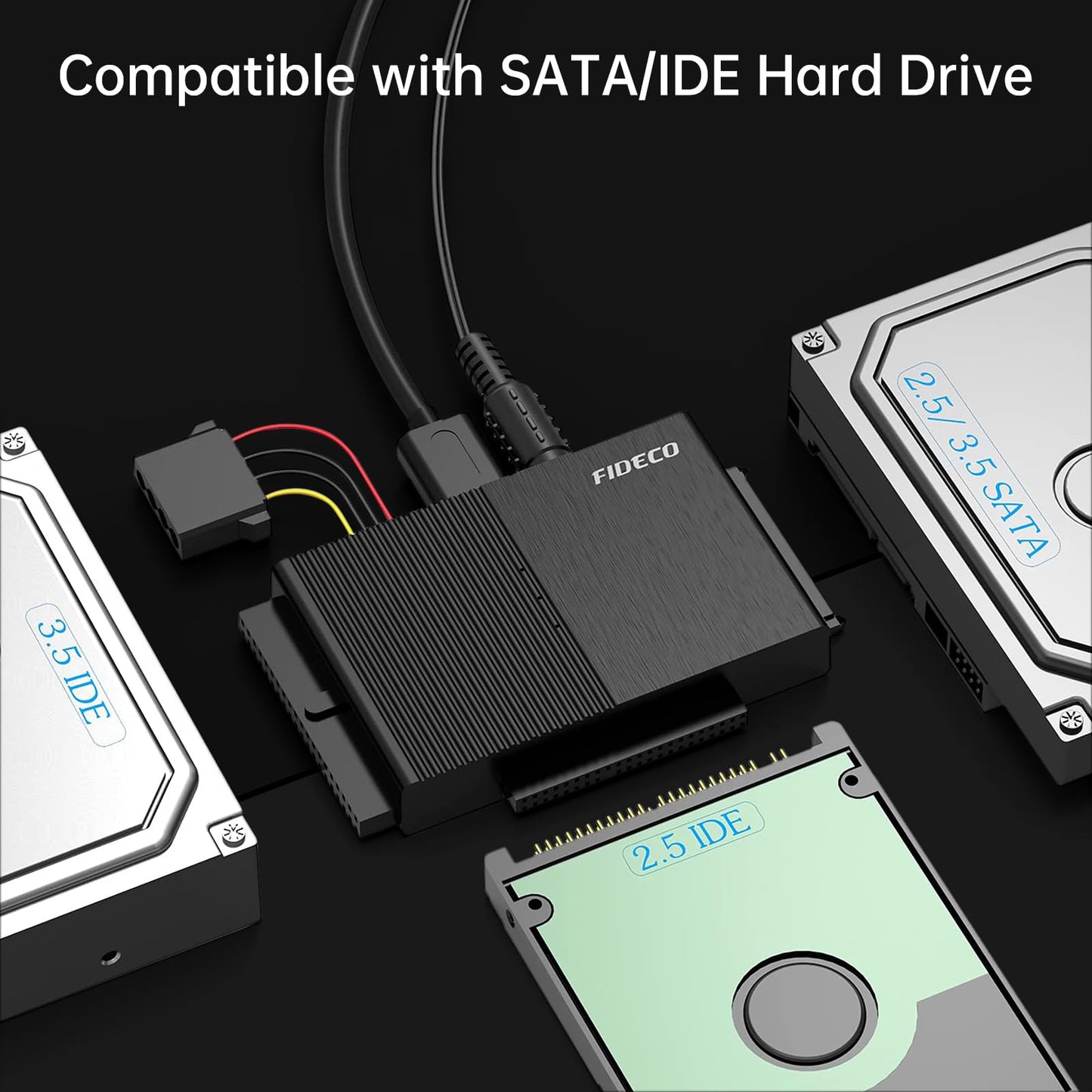 FIDECO IDE and SATA Adapter, USB 3.0 Hard Drive Adapter, External SATA and IDE Converter for 2.5 and 3.5 inches HDD or SSD, CD-ROM, CD-RW, DVD-RW Drives