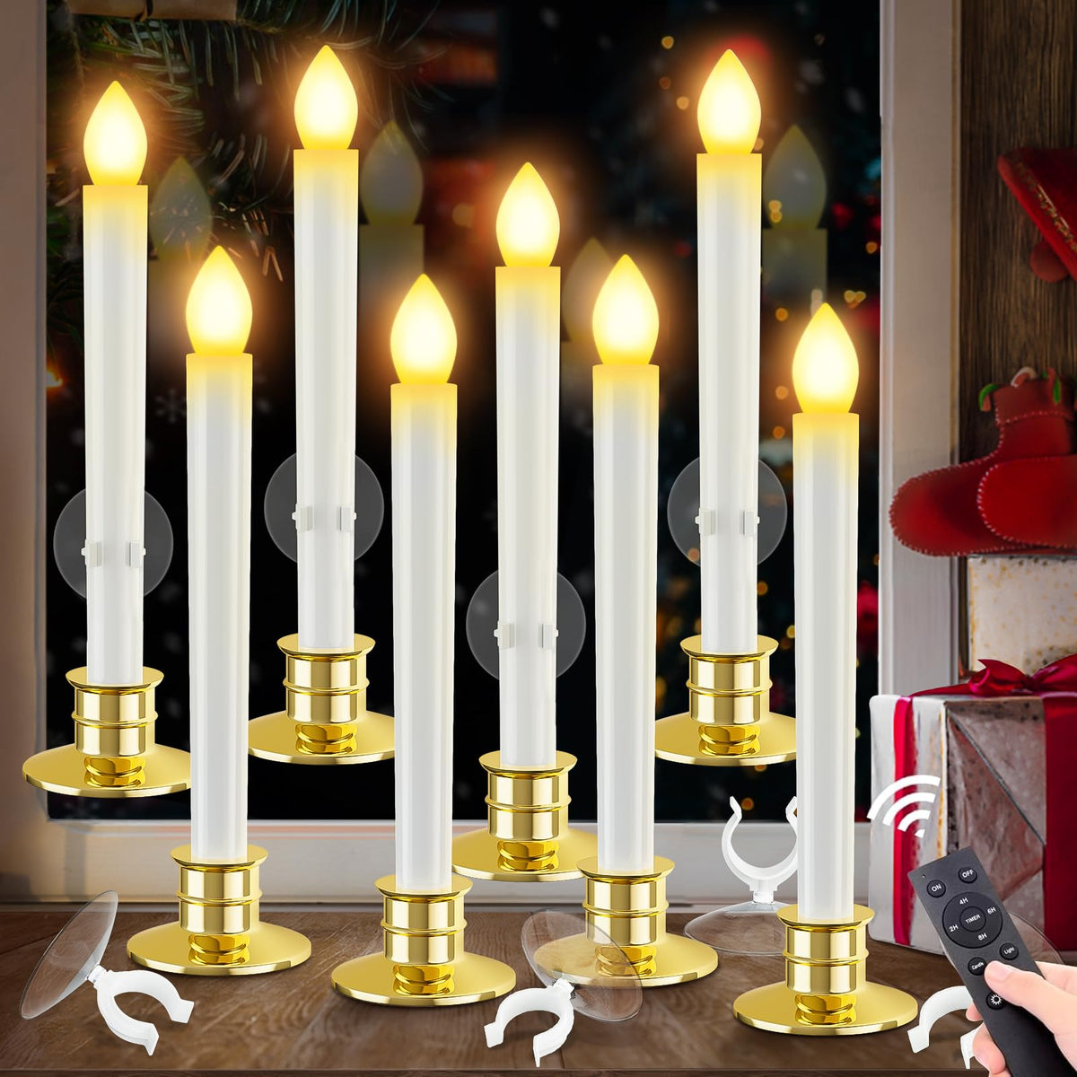HINZER 8PCS Christmas Window Candles with Timer Remote Battery Operated Candles LED Lights Christmas Decorations Electric Flickering Window Lights for Home Decor
