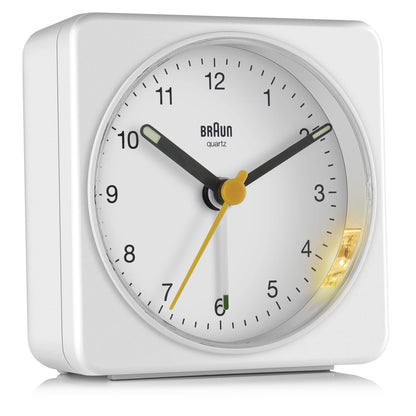 Braun Classic Analogue Alarm Clock with Snooze and Light, Quiet Quartz Sweeping Movement, Crescendo Beep Alarm in White, Model BC03W.