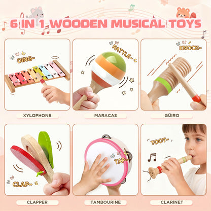 Baby Musical Instruments - Montessori Wooden Musical Toys for Toddlers 1-3, Xylophone Maracas Tambourine Percussion Set, Kids Preschool Music Learning Toys, Educational Birthday Gifts (Rainbow)