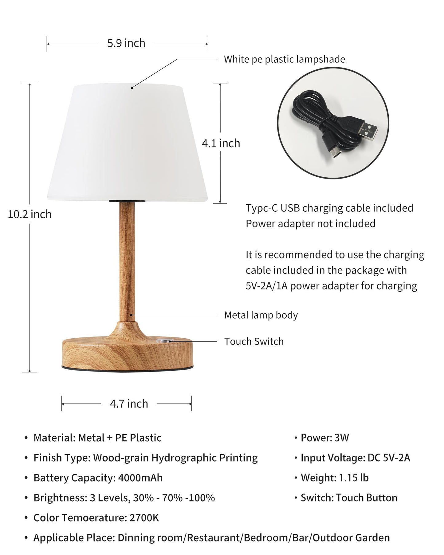 PUSU Cordless LED Wood-Grain Small Table Lamp, Waterproof Shower Light with 4000mAh Battery, Portable Rechargeable Touch Dimming Night Light for Bathroom, Outdoor Camping, Kitchen, Patio, Restaurant