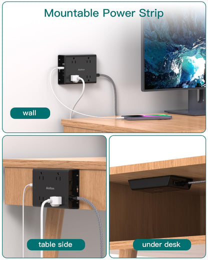 Surge Protector Power Strip, Addtam 5 ft Flat Plug Extension Cord with 4 USB Wall Charger(2 USB C Port), 4 Widely Outlets Desk Charging Station, Home Office and College Dorm Room Essentials