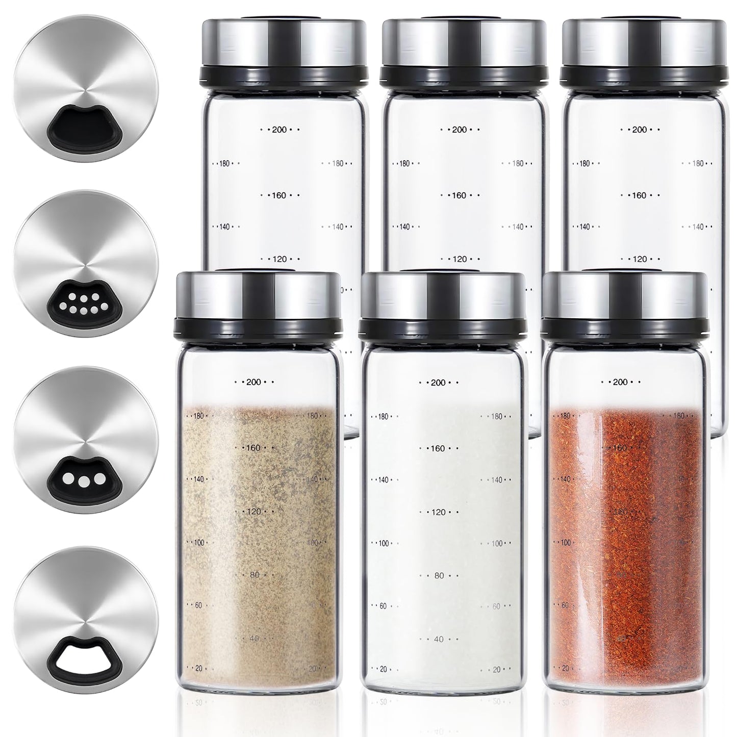 6 Pack Glass Spice Jars, 7 oz Salt and Pepper Shakers with Adjustable Pour Holes - for Seasonings, Herbs, Powders, Glitters