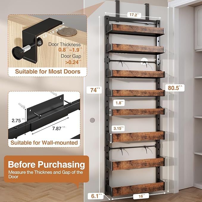 8-Tier Over The Door Pantry Organizer, Heavy-Duty Metal Wall Mount or Hanging