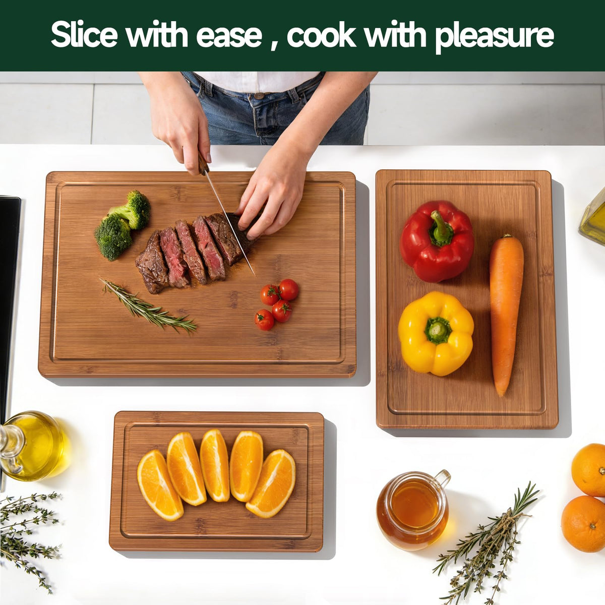 Zeawec 3-Piece Set Deep-Carbonized Bamboo Cutting Board for Kitchen - Crack-Resistant Wood Chopping Boards with Deep Juice Grooves, Pre-Oiled Butcher Block for Meat, Vegetables & Cheese, Carbonized