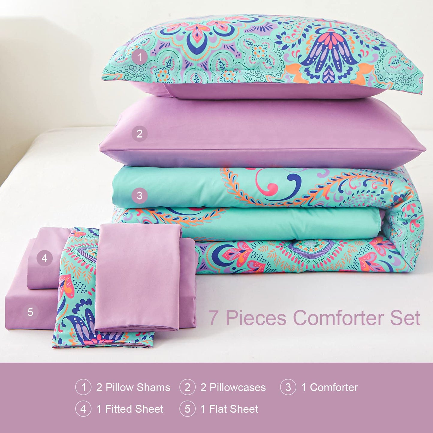 DHSFKBE Queen Comforter Set, 7 Piece Bed in a Bag, Boho Aqua and Lilac Damask Medallion Print Comforter with Sheets, Soft Microfiber Complete Bedding Set for All Season (Aqua, Queen)