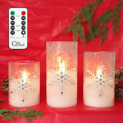 Crystal Club Christmas Flameless Candles, Battery Powered LED Real Wax Candles, Holiday Glass Flickering Candles with Beads and Snowflake Design for Xmas Tree, Home Mantel, Bedroom Decor, Set of 3