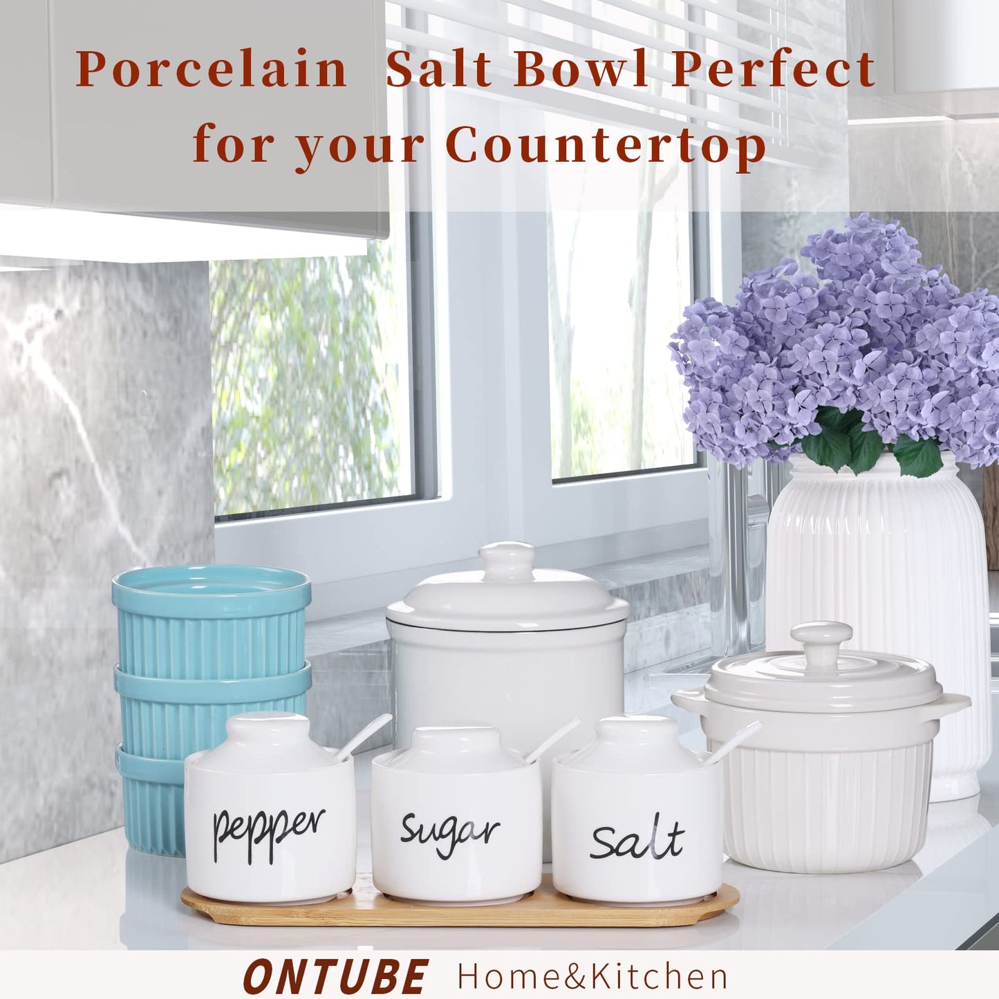 ONTUBE Farmhouse 8oz, Sugar Pepper and Salt Bowls with Lid and Spoon, Ceramics Condiment Pots,Seasoning Jar Spice Container for Kitchen,Dishwasher Safe (White)