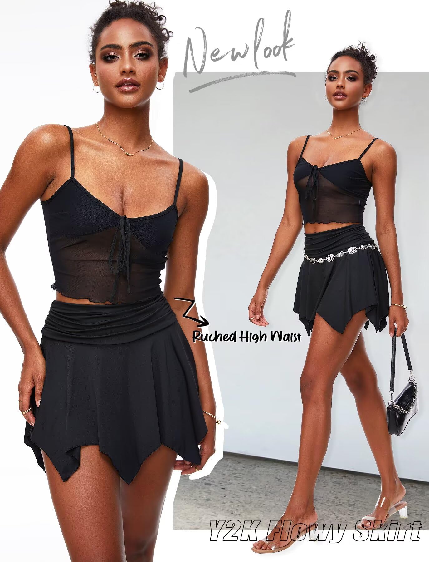 TZLDN Womens Mini Skirt Y2k Fairy Asymmetrical Flowy High Waisted Trendy Pleated Sexy Festival Skorts Skirts Black - Medium